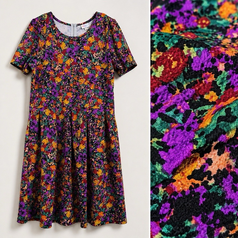 LuLaRoe Amelia Dress 3XL Textured Floral Fit & Flare Stretch Pockets Cottagecore